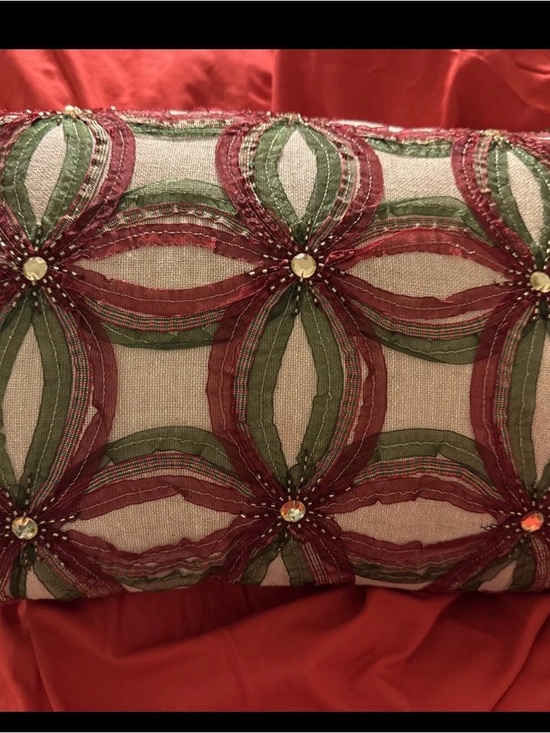 Pier 1 Handbags - Pier 1 Imports Beaded Chiffon Ribbon Lumbar Pillow Red Green Gold Rhinestone